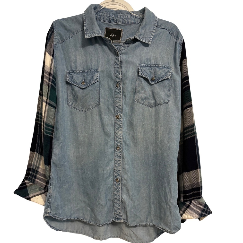 Rails Women's Chambray with Plaid Long Sleeve Button‎ Down Shirt Size Large